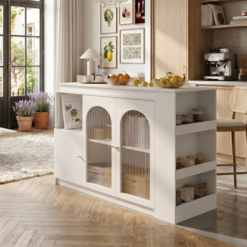 Table de bar pivotant 360° blanc, porte en verre et rangement 120x40x97cm ARMOIRECONCRETE
