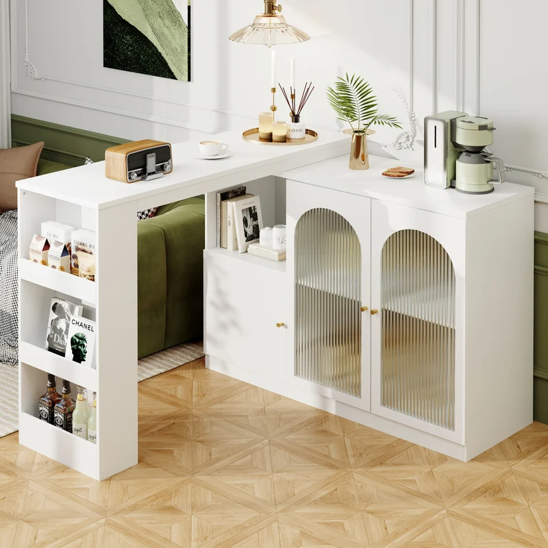 Table de bar pivotant 360° blanc, porte en verre et rangement 120x40x97cm ARMOIRECONCRETE