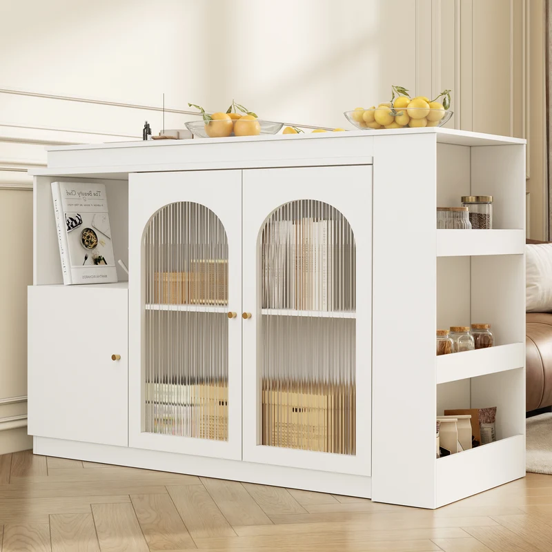 Table de bar pivotant 360° blanc, porte en verre et rangement 120x40x97cm ARMOIRECONCRETE