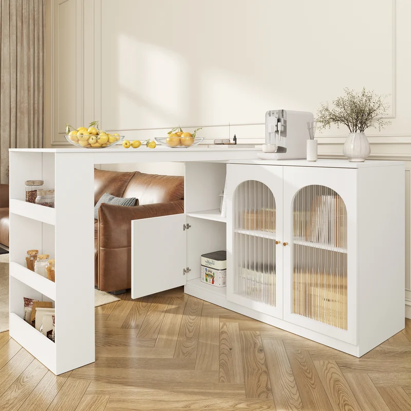 Table de bar pivotant 360° blanc, porte en verre et rangement 120x40x97cm ARMOIRECONCRETE