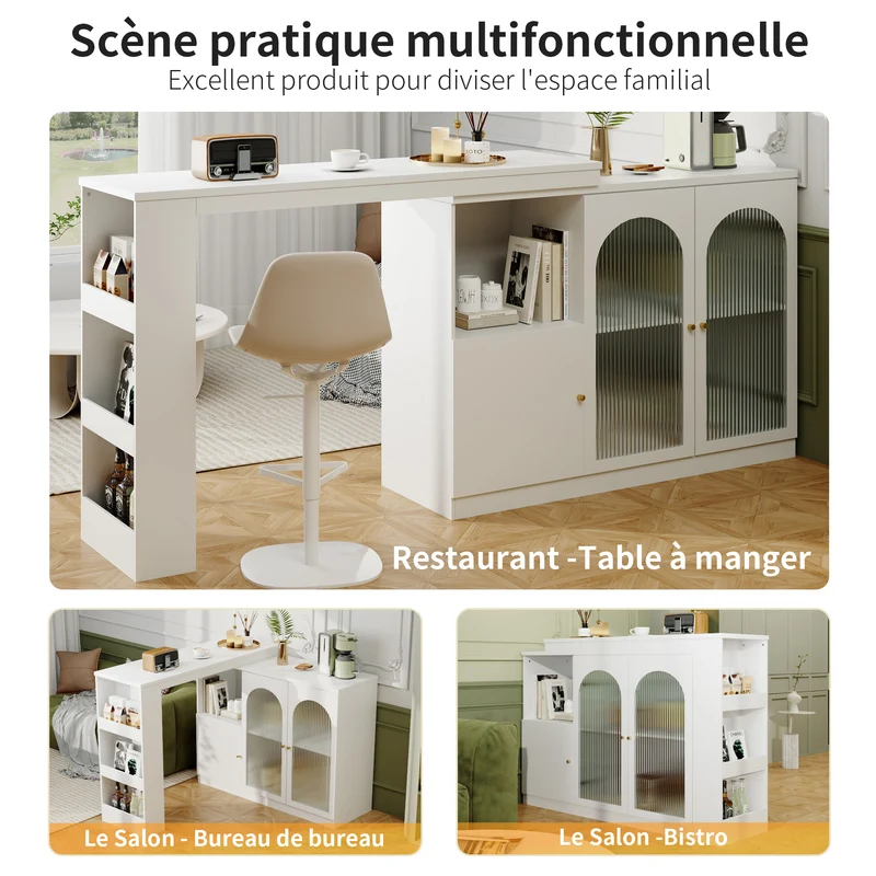 Table de bar pivotant 360° blanc, porte en verre et rangement 120x40x97cm ARMOIRECONCRETE