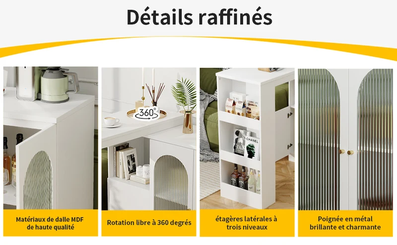 Table de bar pivotant 360° blanc, porte en verre et rangement 120x40x97cm ARMOIRECONCRETE