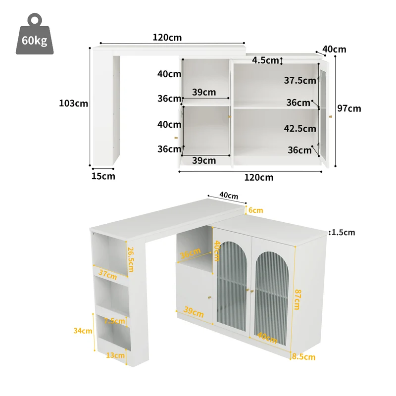 Table de bar pivotant 360° blanc, porte en verre et rangement 120x40x97cm ARMOIRECONCRETE