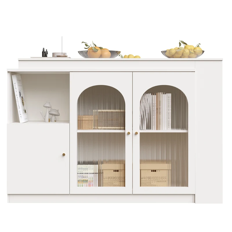Table de bar pivotant 360° blanc, porte en verre et rangement 120x40x97cm ARMOIRECONCRETE