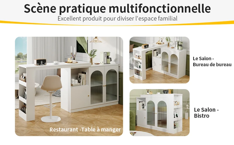 Table de bar pivotant 360° blanc, porte en verre et rangement 120x40x97cm ARMOIRECONCRETE