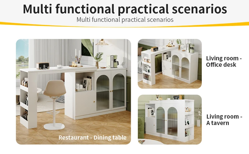 Table de bar pivotant 360° blanc, porte en verre et rangement 120x40x97cm ARMOIRECONCRETE