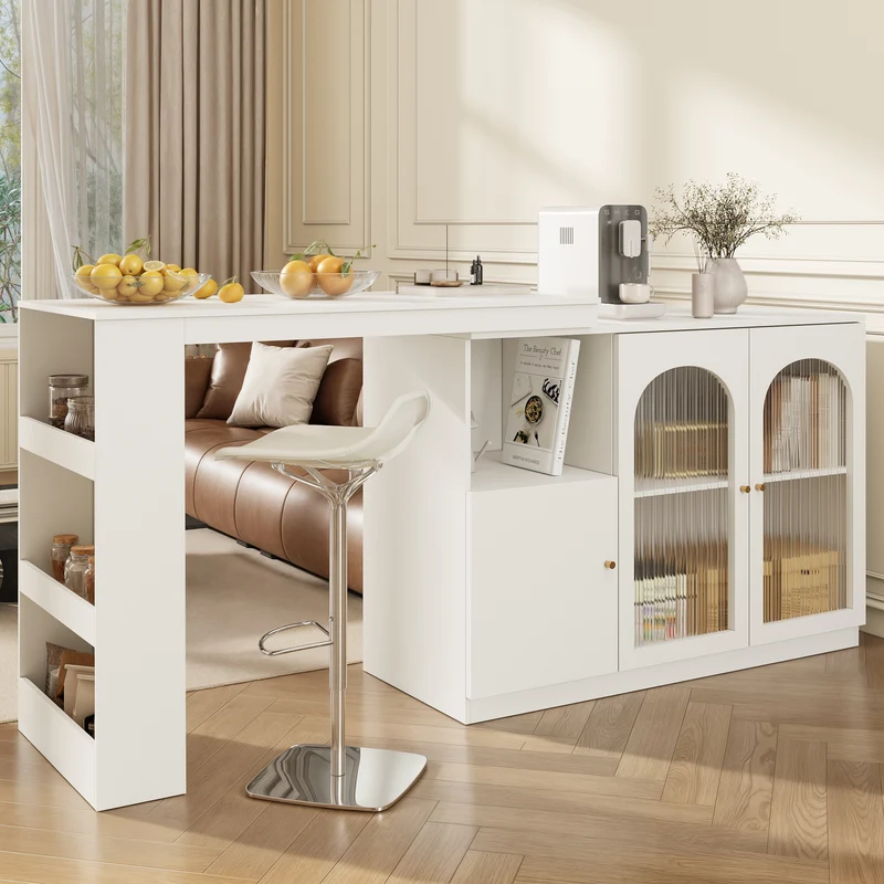 Table de bar pivotant 360° blanc, porte en verre et rangement 120x40x97cm ARMOIRECONCRETE