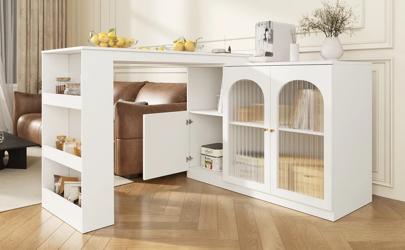 Table de bar pivotant 360° blanc, porte en verre et rangement 120x40x97cm ARMOIRECONCRETE