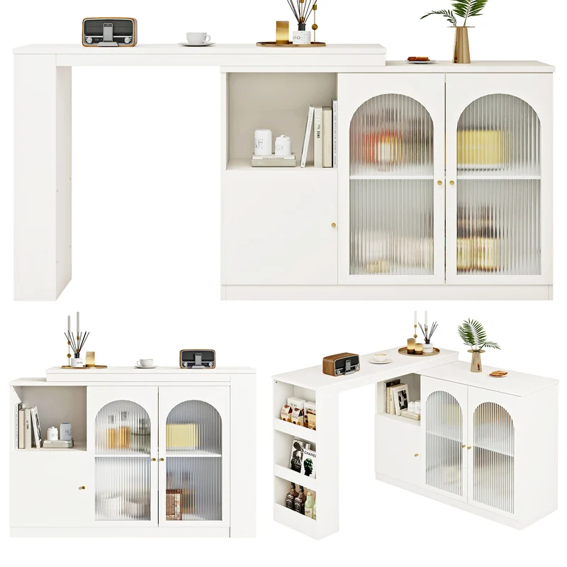Table de bar pivotant 360° blanc, porte en verre et rangement 120x40x97cm ARMOIRECONCRETE