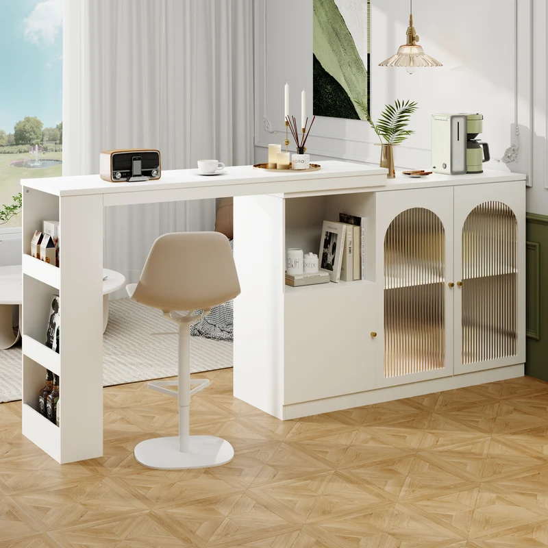 Table de bar pivotant 360° blanc, porte en verre et rangement 120x40x97cm ARMOIRECONCRETE