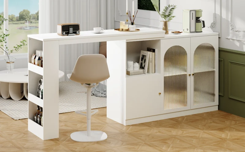Table de bar pivotant 360° blanc, porte en verre et rangement 120x40x97cm ARMOIRECONCRETE