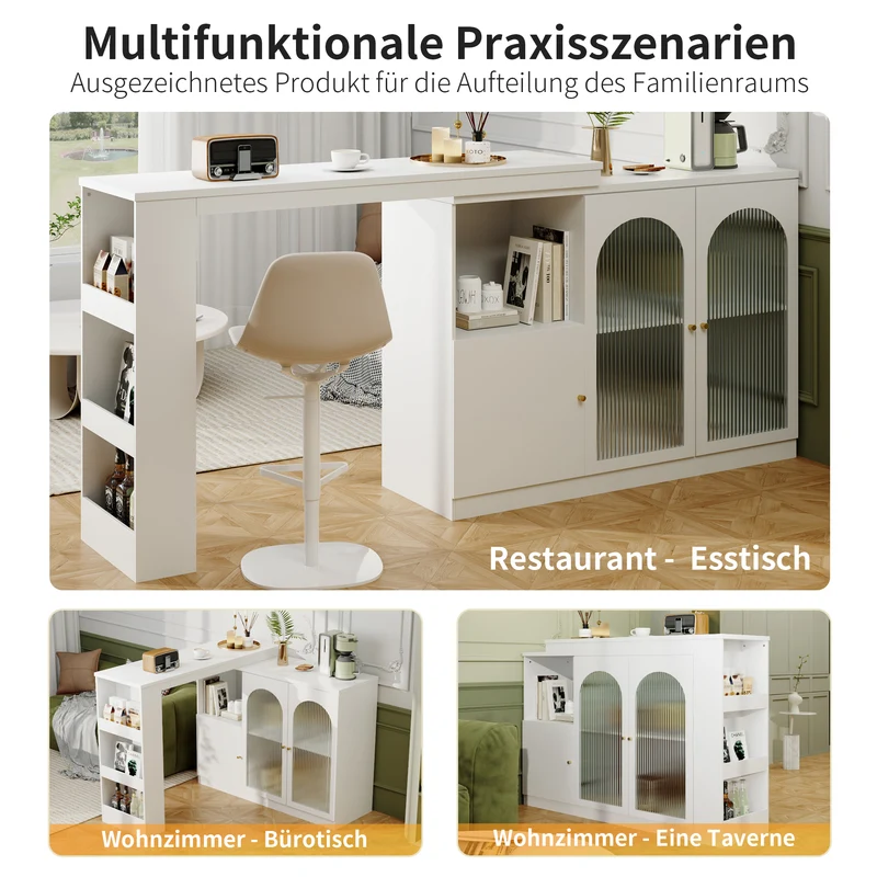 Table de bar pivotant 360° blanc, porte en verre et rangement 120x40x97cm ARMOIRECONCRETE