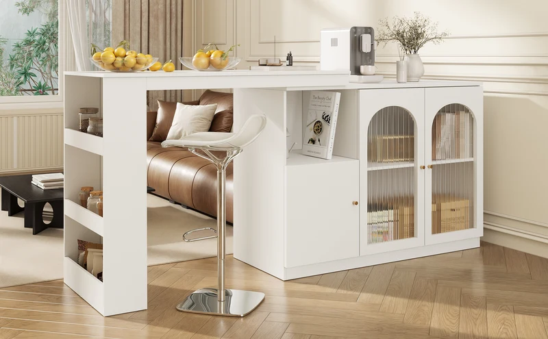 Table de bar pivotant 360° blanc, porte en verre et rangement 120x40x97cm ARMOIRECONCRETE