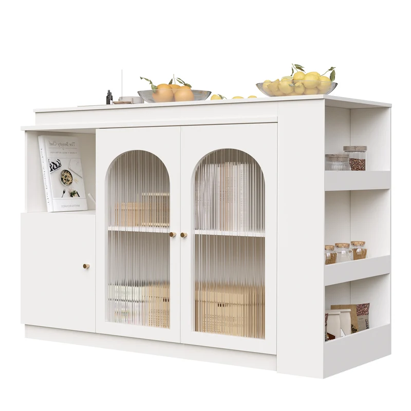 Table de bar pivotant 360° blanc, porte en verre et rangement 120x40x97cm ARMOIRECONCRETE
