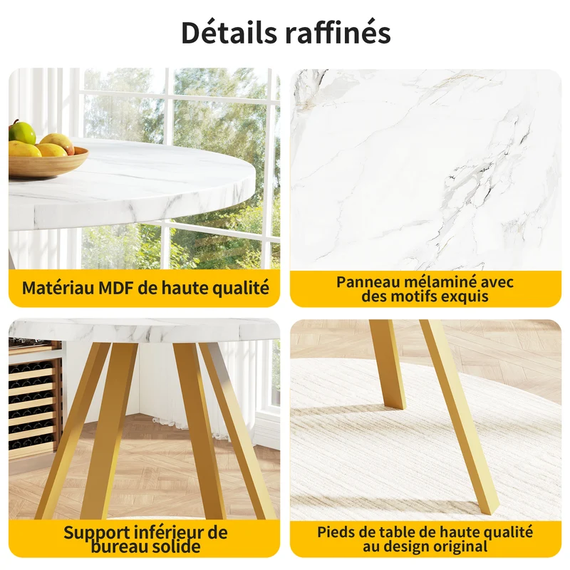 Table à manger ronde effet marbre blanc, pieds dorés, 4 personnes 80x80x75cm ARMOIREDARK