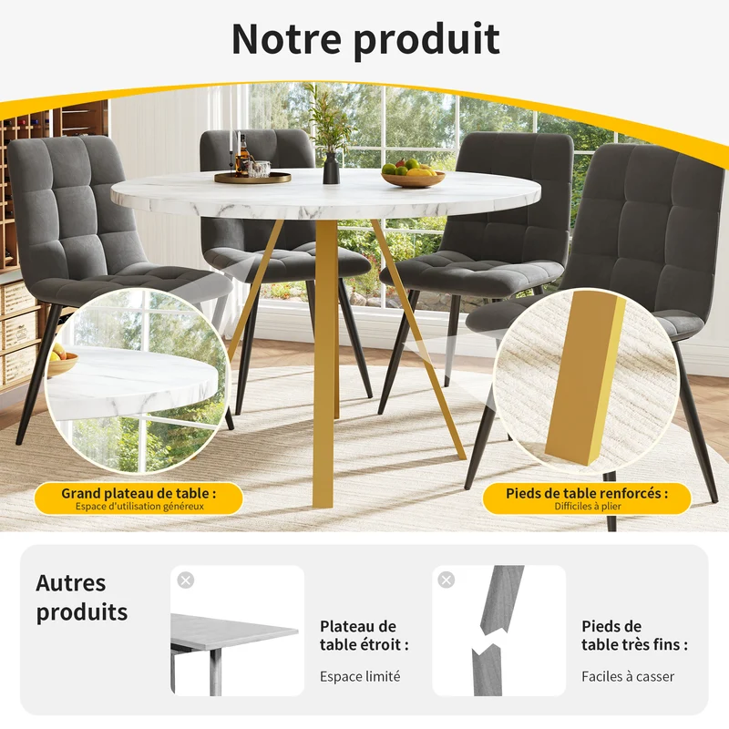Table à manger ronde effet marbre blanc, pieds dorés, 4 personnes 80x80x75cm ARMOIREDARK