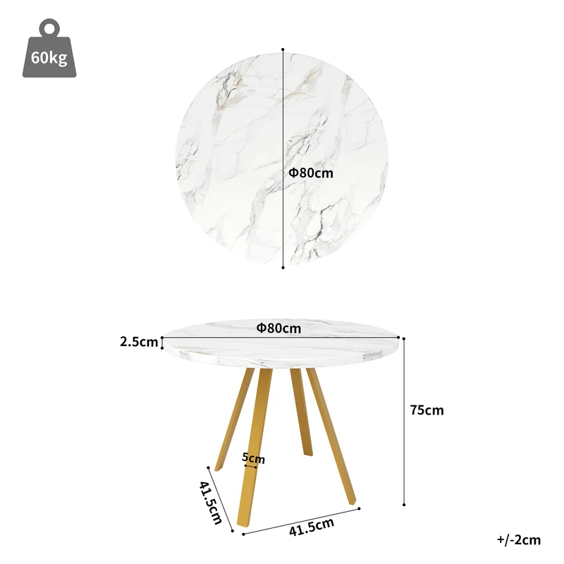 Table à manger ronde effet marbre blanc, pieds dorés, 4 personnes 80x80x75cm ARMOIREDARK