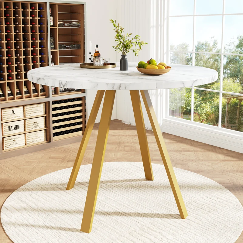Table à manger ronde effet marbre blanc, pieds dorés, 4 personnes 80x80x75cm ARMOIREDARK
