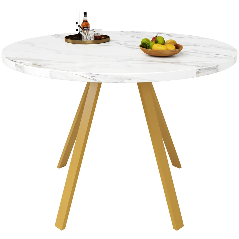 Table à manger ronde effet marbre blanc, pieds dorés, 4 personnes 80x80x75cm ARMOIREDARK