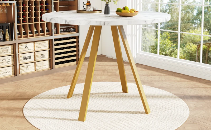 Table à manger ronde effet marbre blanc, pieds dorés, 4 personnes 80x80x75cm ARMOIREDARK