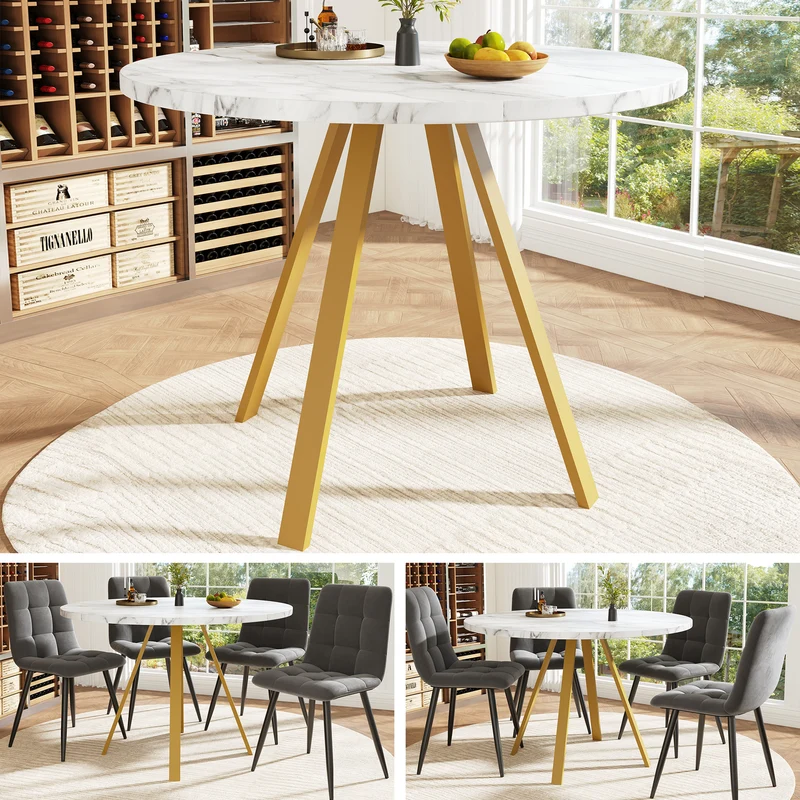 Table à manger ronde effet marbre blanc, pieds dorés, 4 personnes 80x80x75cm ARMOIREDARK