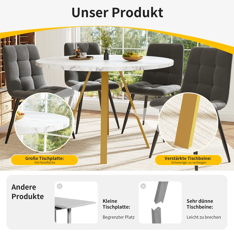 Table à manger ronde effet marbre blanc, pieds dorés, 4 personnes 80x80x75cm ARMOIREDARK