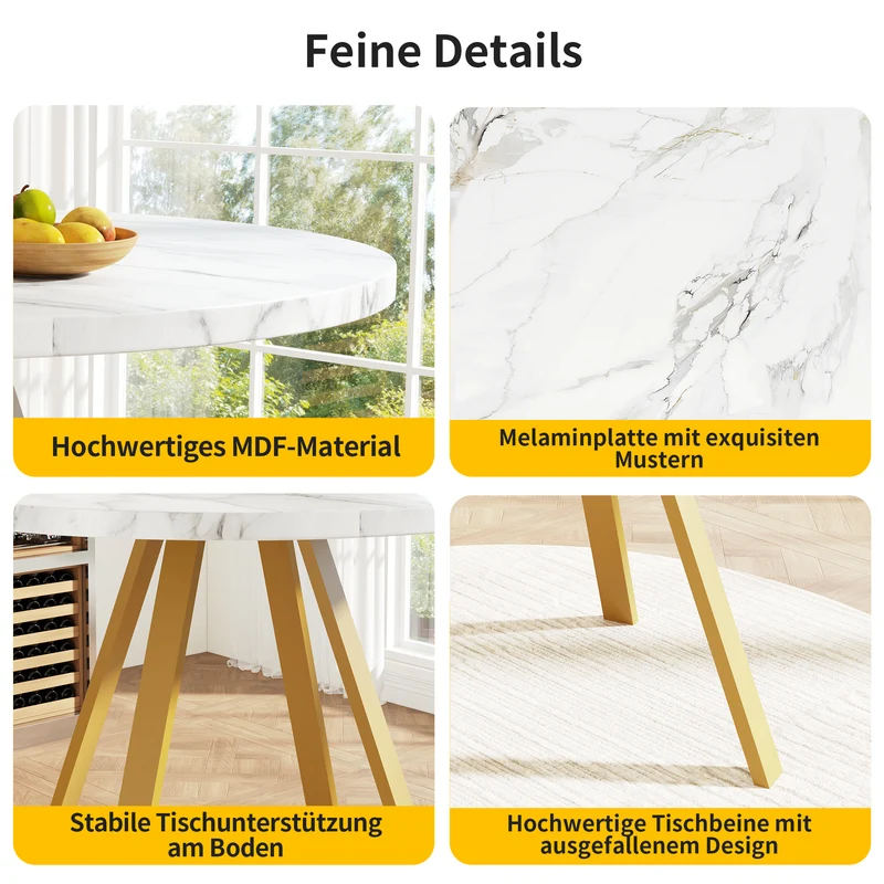 Table à manger ronde effet marbre blanc, pieds dorés, 4 personnes 80x80x75cm ARMOIREDARK