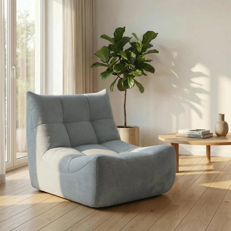 Fauteuil chauffeuse capitonné en tissu chenille gris, mousse mémoire CALCIUMCASCADE