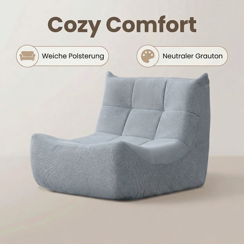 Fauteuil chauffeuse capitonné en tissu chenille gris, mousse mémoire CALCIUMCASCADE
