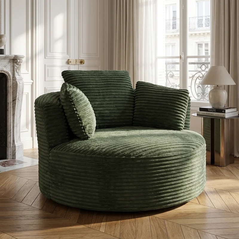 Fauteuil rond lounge en velours côtelé vert, assise profonde ADJUSTMAPLELINE