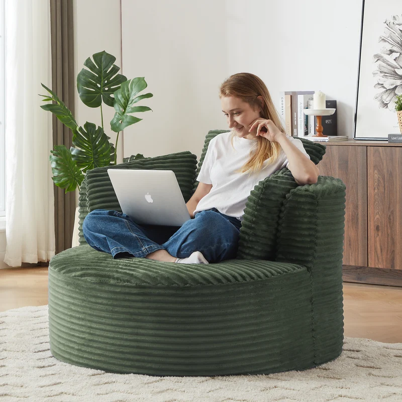 Fauteuil rond lounge en velours côtelé vert, assise profonde ADJUSTMAPLELINE