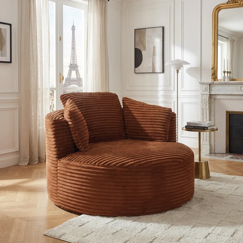 Fauteuil rond lounge en velours côtelé orange, assise profonde ADJUSTIRONSTYLE