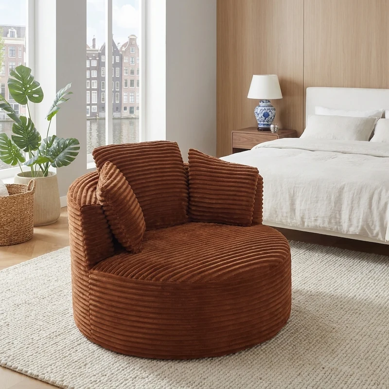Fauteuil rond lounge en velours côtelé orange, assise profonde ADJUSTIRONSTYLE