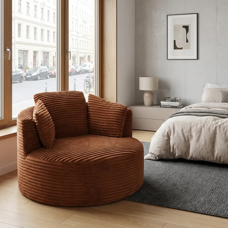 Fauteuil rond lounge en velours côtelé orange, assise profonde ADJUSTIRONSTYLE