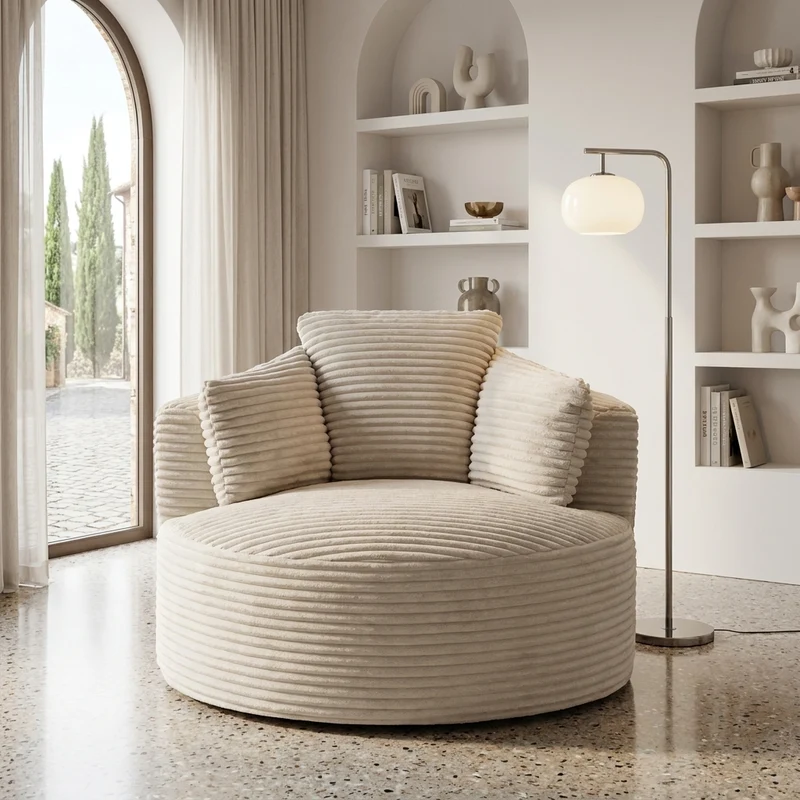 Fauteuil rond lounge en velours côtelé beige, assise profonde SAPPHIRESHORE