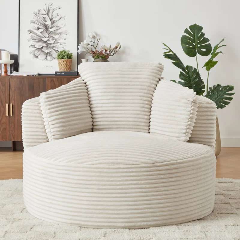 Fauteuil rond lounge en velours côtelé beige, assise profonde SAPPHIRESHORE