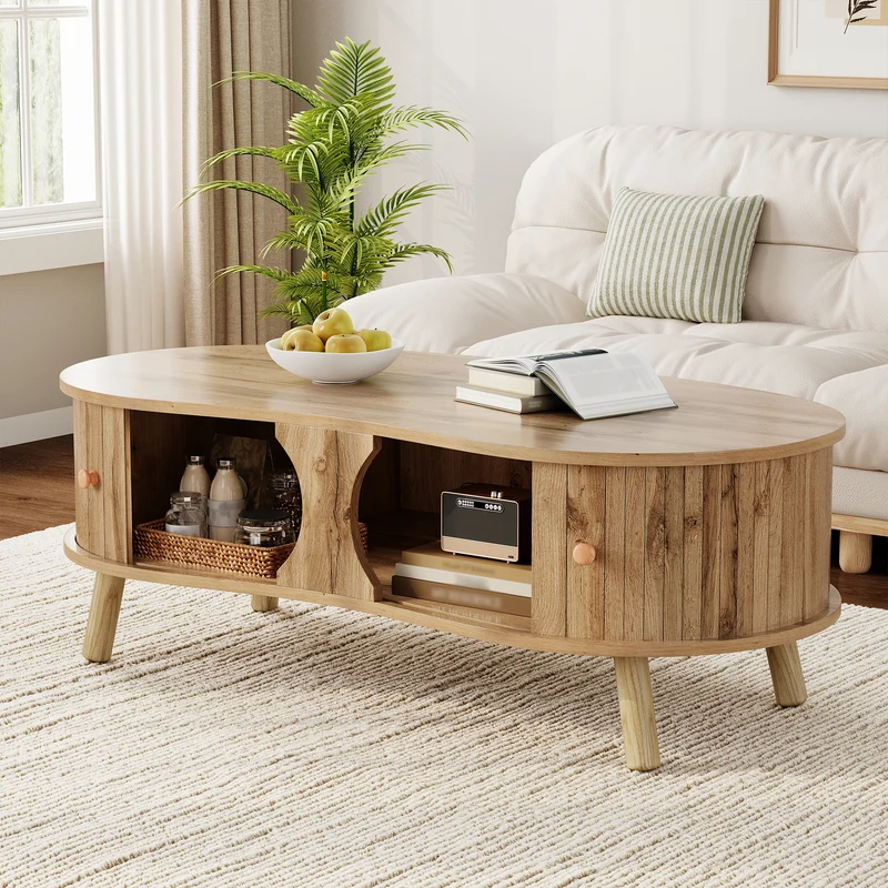Table basse effet bois naturel design latte 2 portes coulissantes ADJUSTARMOIRE