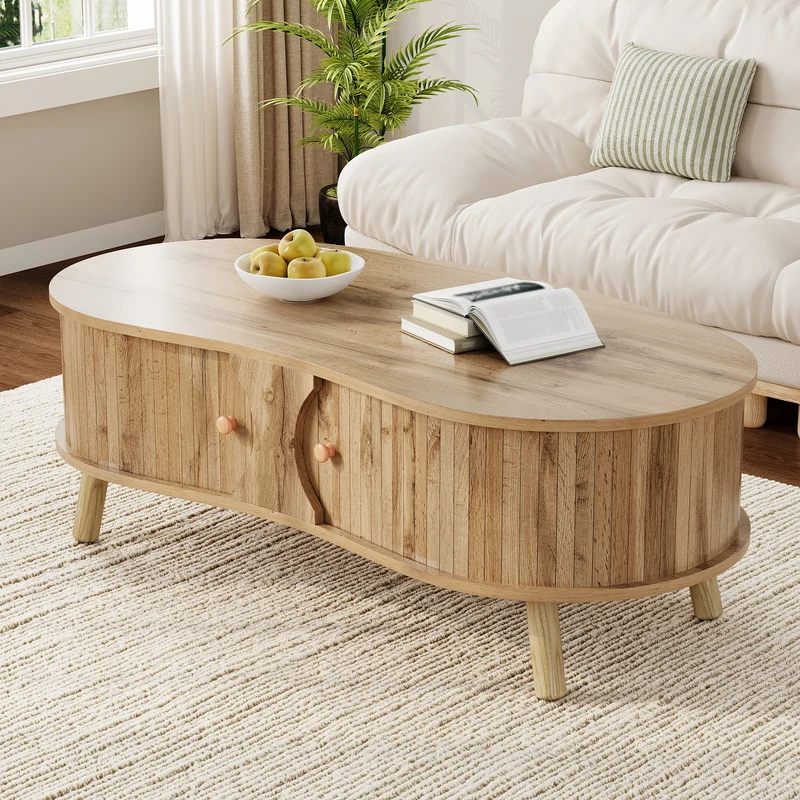 Table basse effet bois naturel design latte 2 portes coulissantes ADJUSTARMOIRE