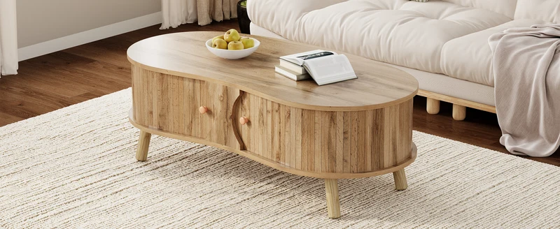 Table basse effet bois naturel design latte 2 portes coulissantes ADJUSTARMOIRE