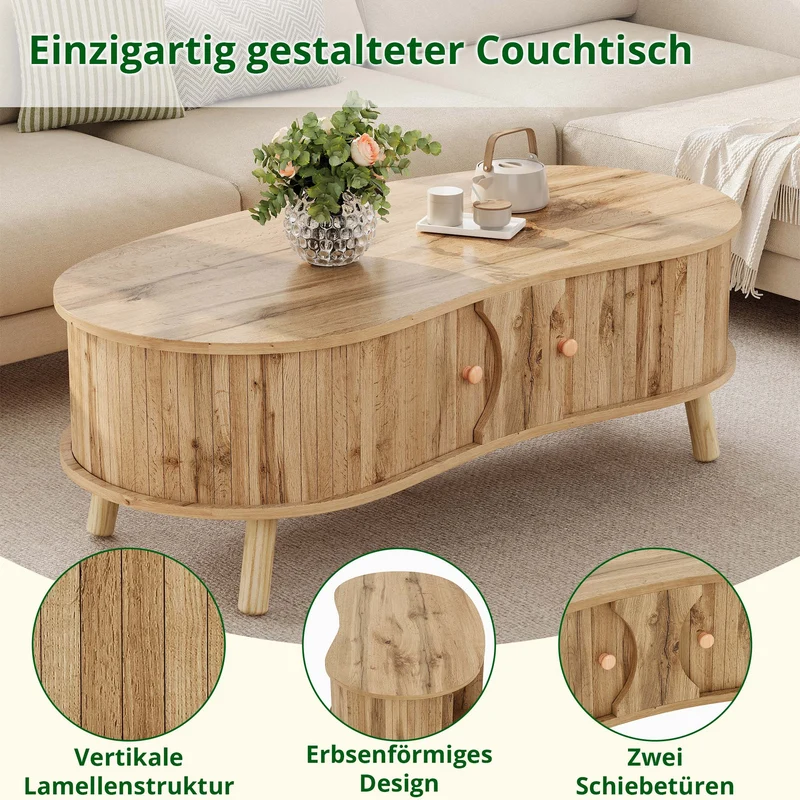 Table basse effet bois naturel design latte 2 portes coulissantes ADJUSTARMOIRE