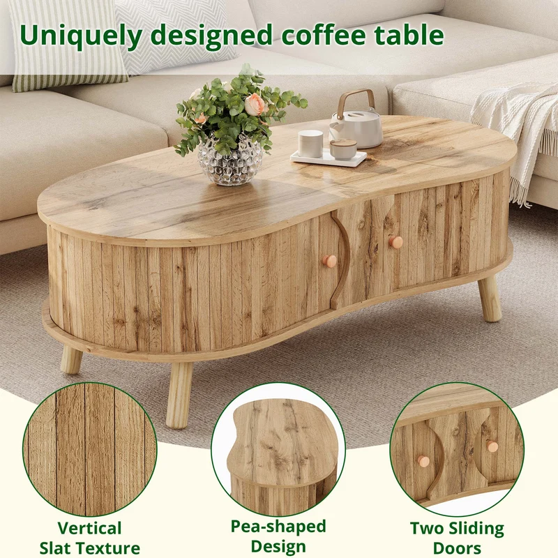 Table basse effet bois naturel design latte 2 portes coulissantes ADJUSTARMOIRE