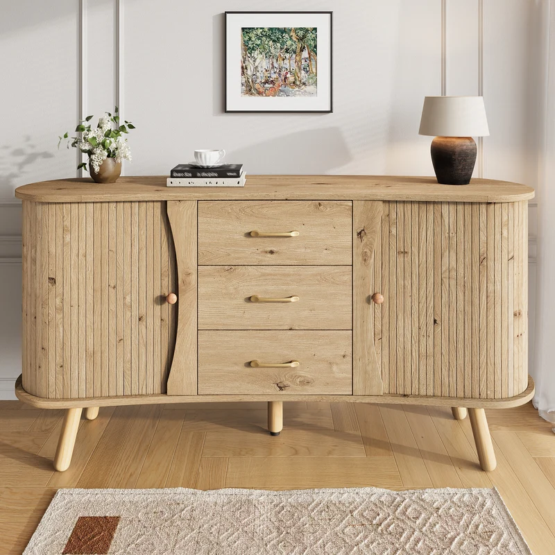 Buffet forme de pois effet bois naturel design latte 2 portes coulissantes 3 tiroirs TITANIUMTRAIL