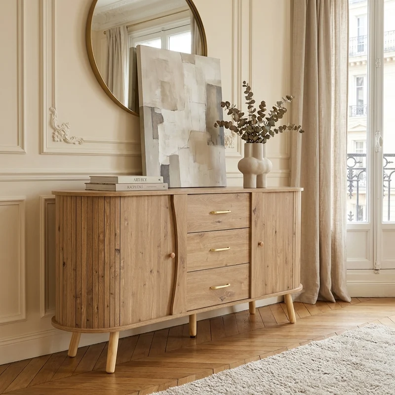 Buffet forme de pois effet bois naturel design latte 2 portes coulissantes 3 tiroirs TITANIUMTRAIL