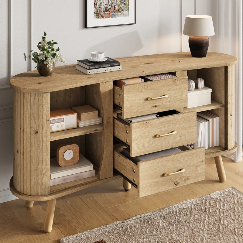 Buffet forme de pois effet bois naturel design latte 2 portes coulissantes 3 tiroirs TITANIUMTRAIL