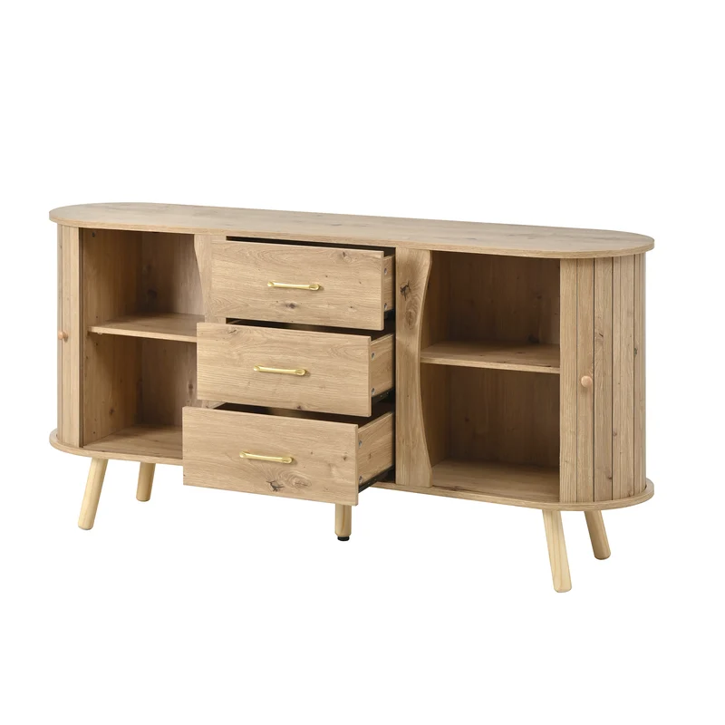 Buffet forme de pois effet bois naturel design latte 2 portes coulissantes 3 tiroirs TITANIUMTRAIL