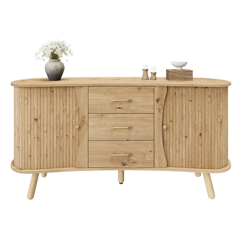 Buffet forme de pois effet bois naturel design latte 2 portes coulissantes 3 tiroirs TITANIUMTRAIL