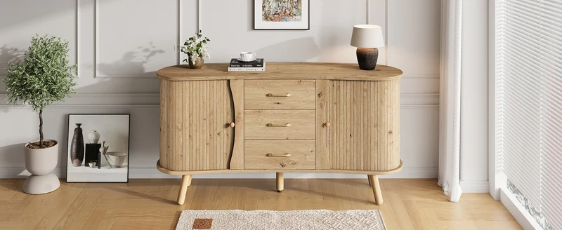 Buffet forme de pois effet bois naturel design latte 2 portes coulissantes 3 tiroirs TITANIUMTRAIL