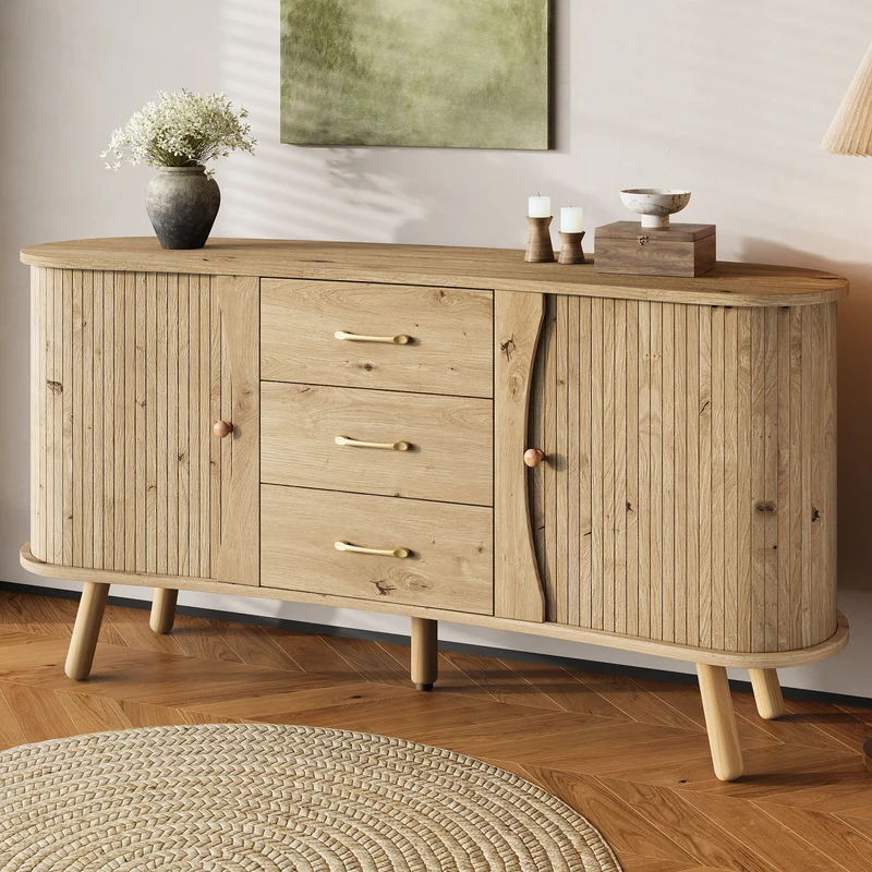 Buffet forme de pois effet bois naturel design latte 2 portes coulissantes 3 tiroirs TITANIUMTRAIL