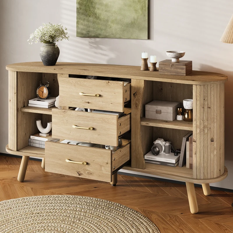 Buffet forme de pois effet bois naturel design latte 2 portes coulissantes 3 tiroirs TITANIUMTRAIL