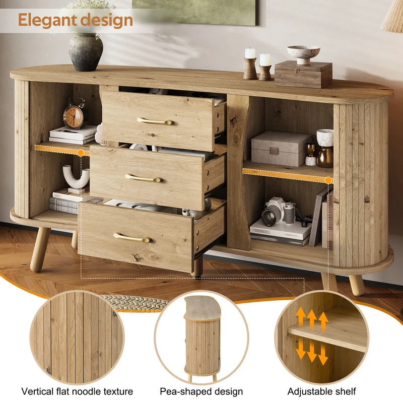 Buffet forme de pois effet bois naturel design latte 2 portes coulissantes 3 tiroirs TITANIUMTRAIL